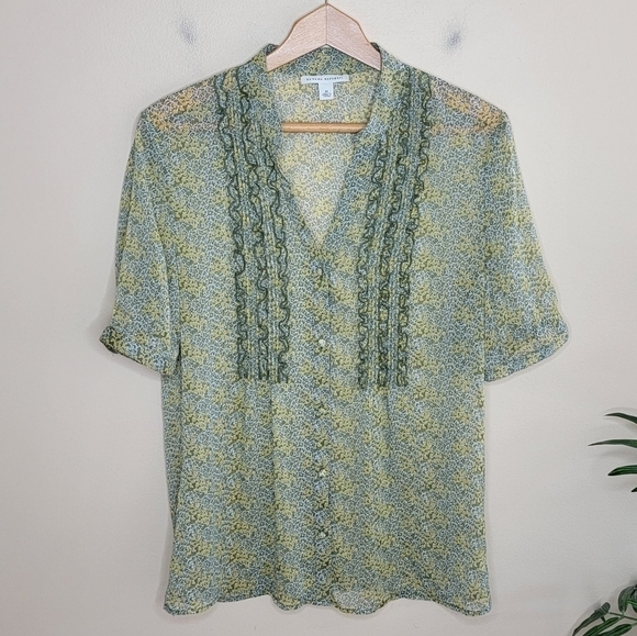 Banana Republic | Yellow Green Floral Sheer Short Sleeve Ruffle Front Blouse - Picture 1 of 7